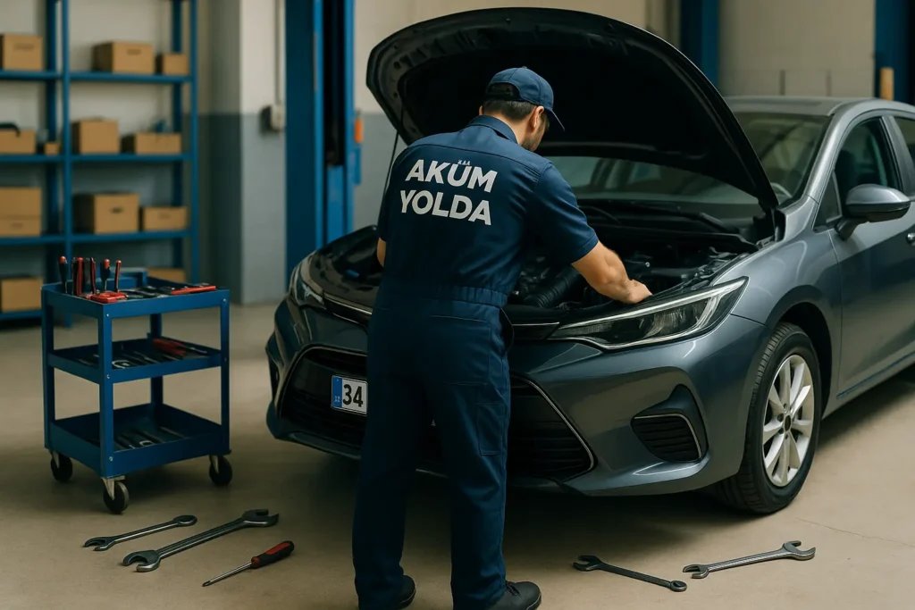 Aküm Yolda ekibi serviste araç bakımı yaparken